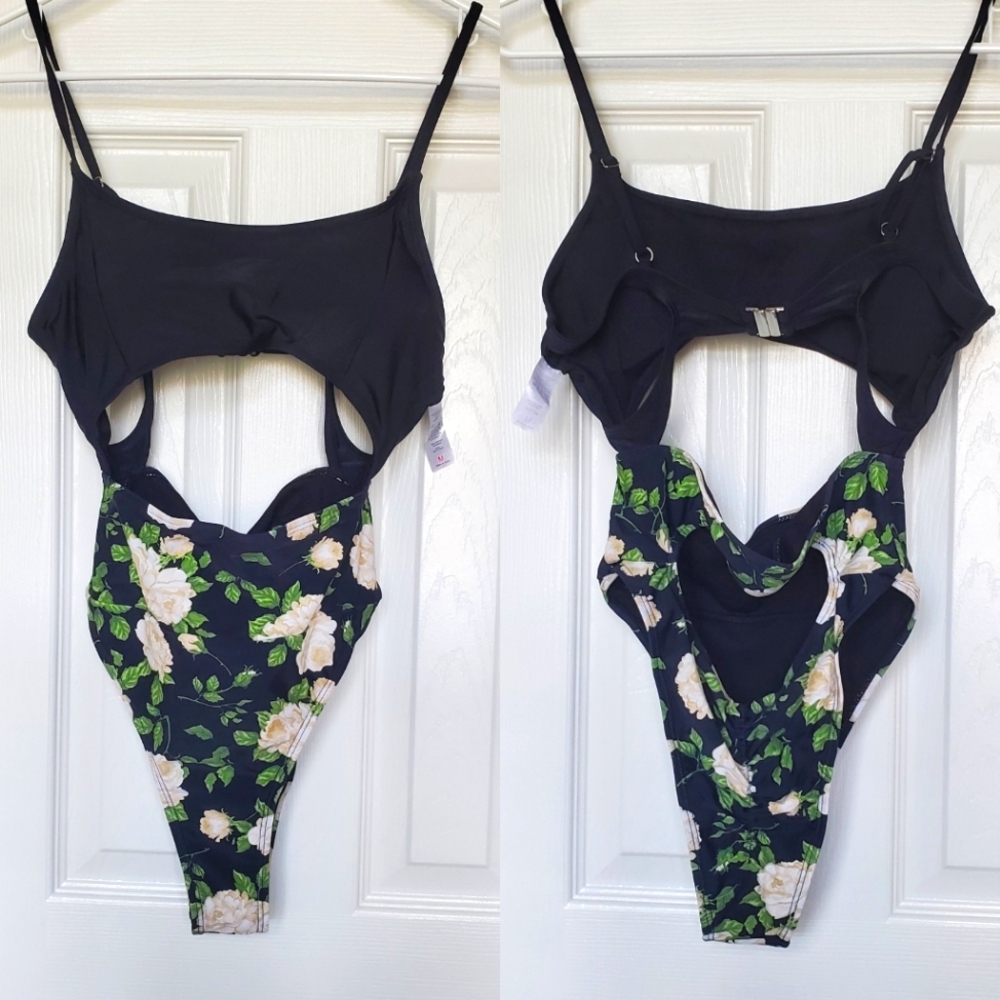 NWOT One piece floral black green ruched high cheeky cut out bathing suit